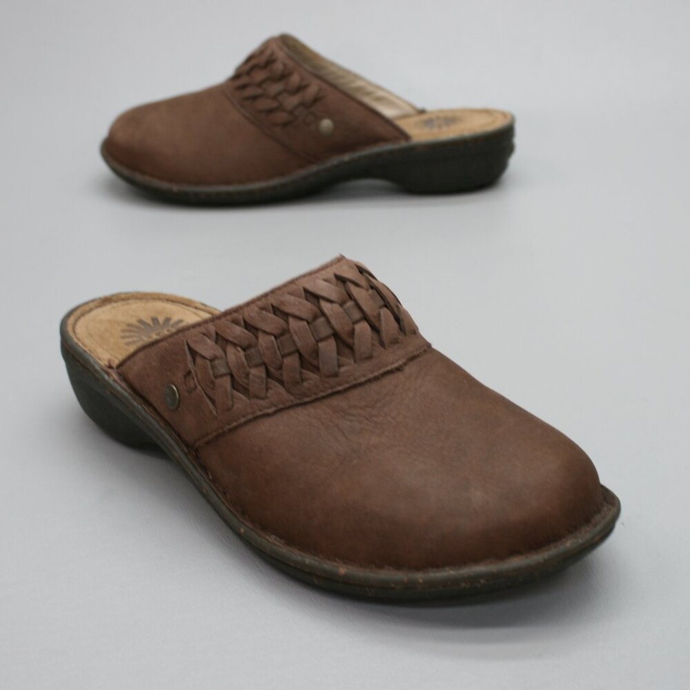 UGG Brown Leather Braided Clog Mules